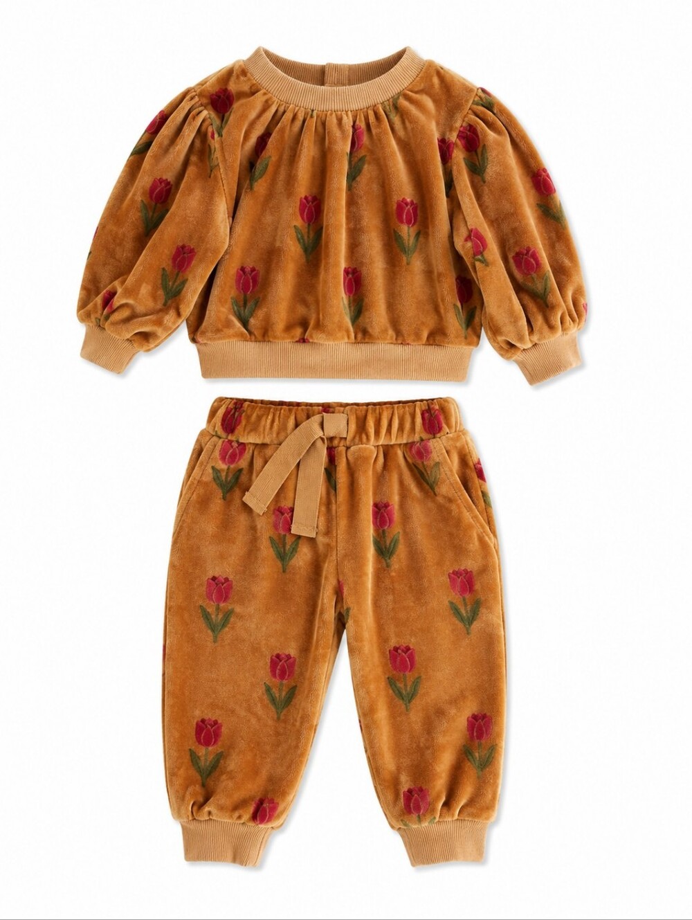 Émile et Ida Caramel Velvet Floral Sweatshirt & Jogger Set Size 3m